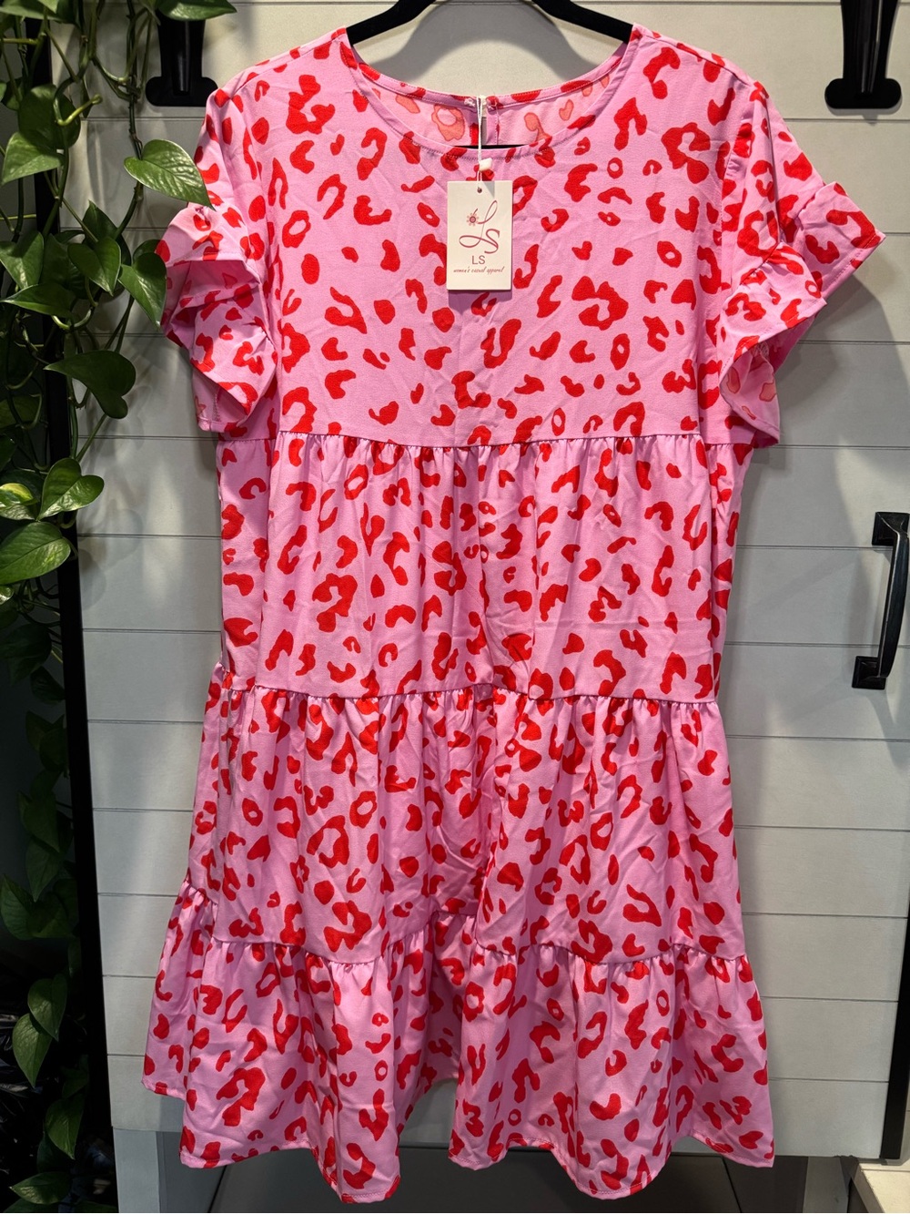 Pink Leopard Short Flounce Sleeve Tiered Dress - Picture 3 of 4